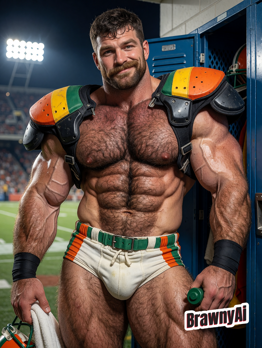 BrawnyAi football player in shoulder pads