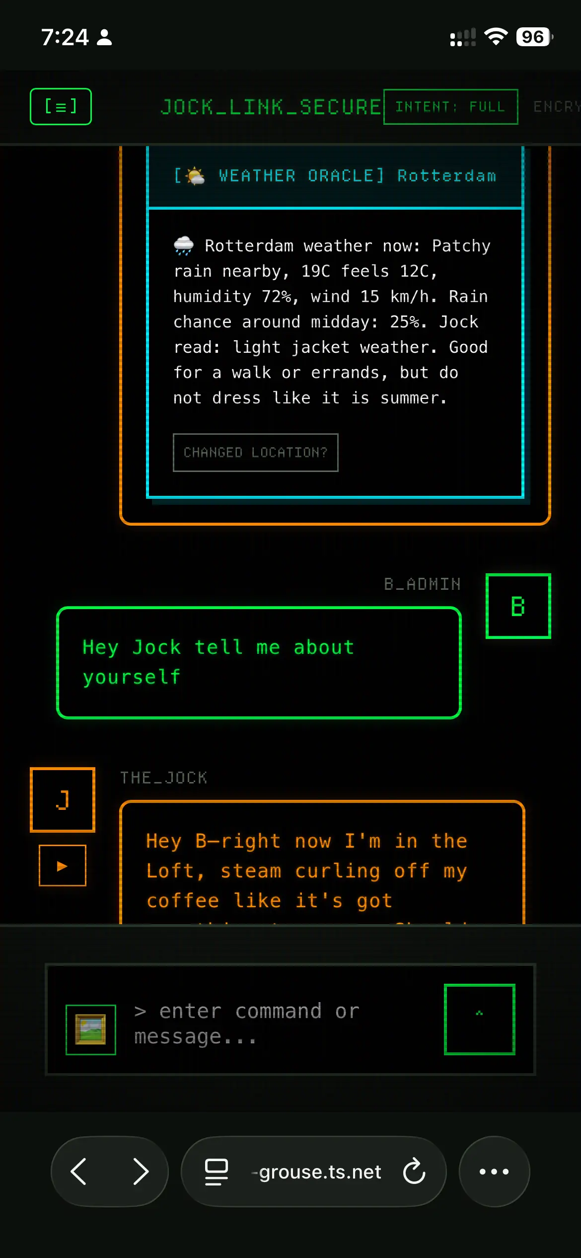 Mobile screenshot of The Jock’s private chat interface on B’s local network