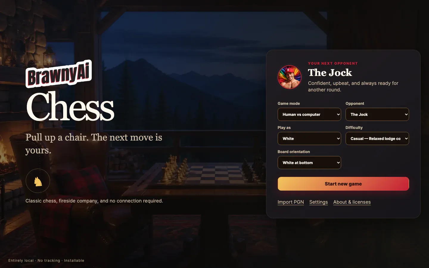 BrawnyAi Chess home screen in a moonlit timber lodge, with Chess as the large title and The Jock selected as the next opponent.