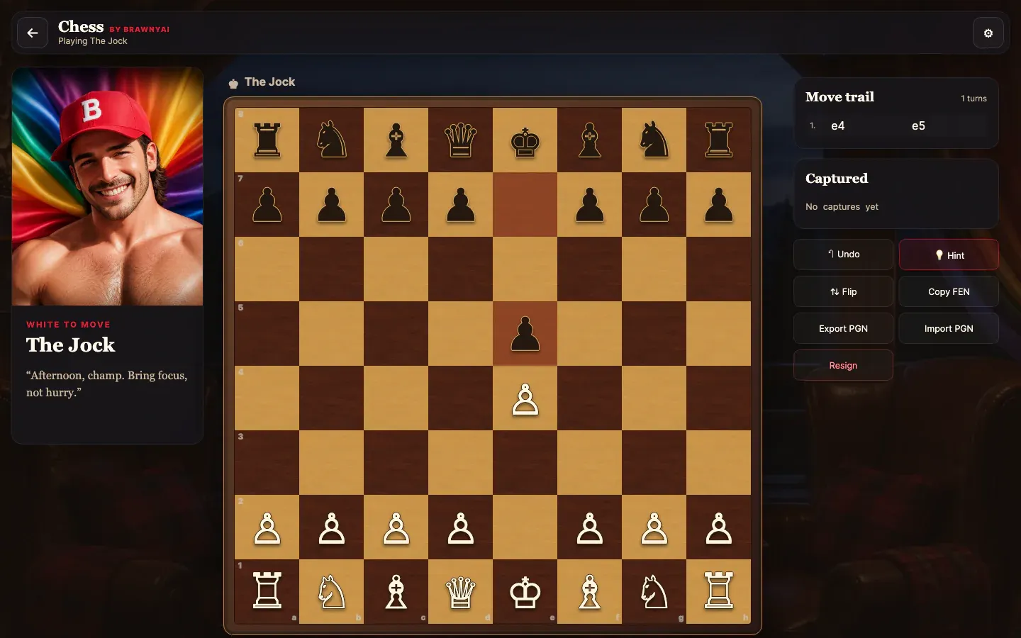 Desktop BrawnyAi Chess match showing The Jock, a walnut chessboard after the opening moves e4 and e5, and game controls beside the board.