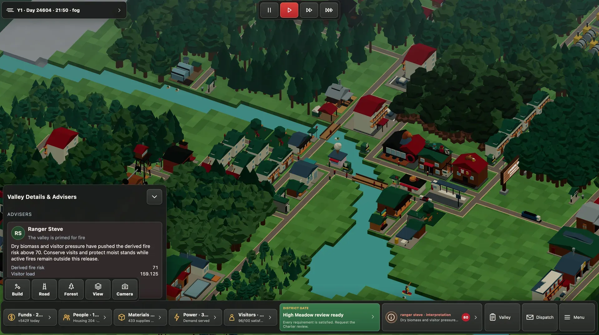 A large developed Founder’s Valley with forests, roads, waterways, housing, workplaces, visitor buildings, advisers, and the full simulation dashboard.