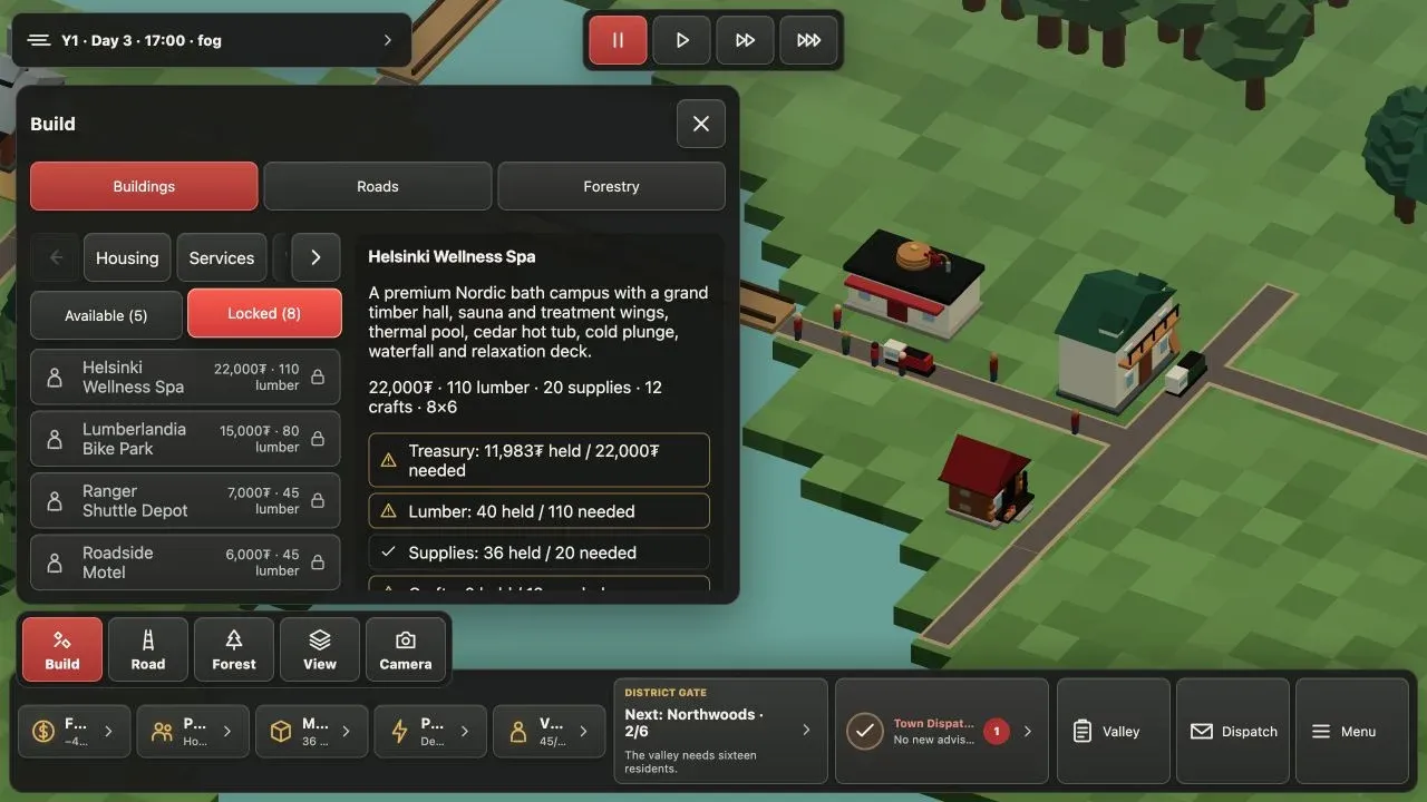 Founder’s Valley build interface showing Buildings, Roads, Forestry, category navigation, and locked tourism projects with their resource requirements.
