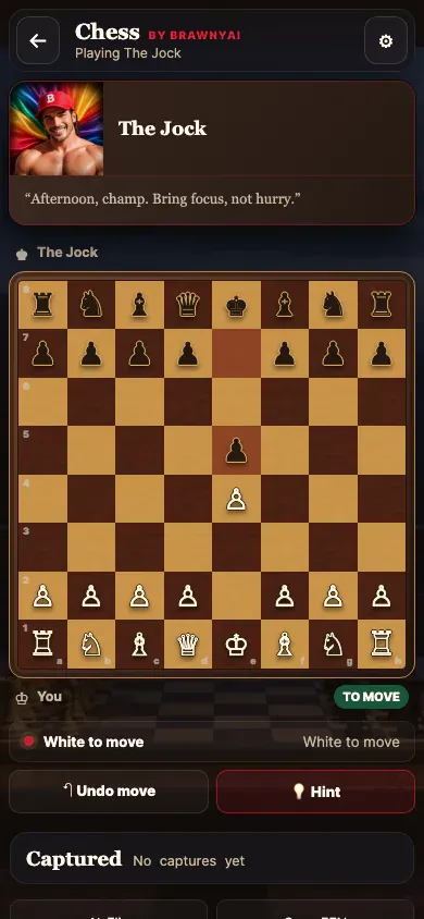 Mobile chess match showing the compact Chess navigation bar, The Jock's portrait and commentary, the complete walnut board, hint, and undo controls.