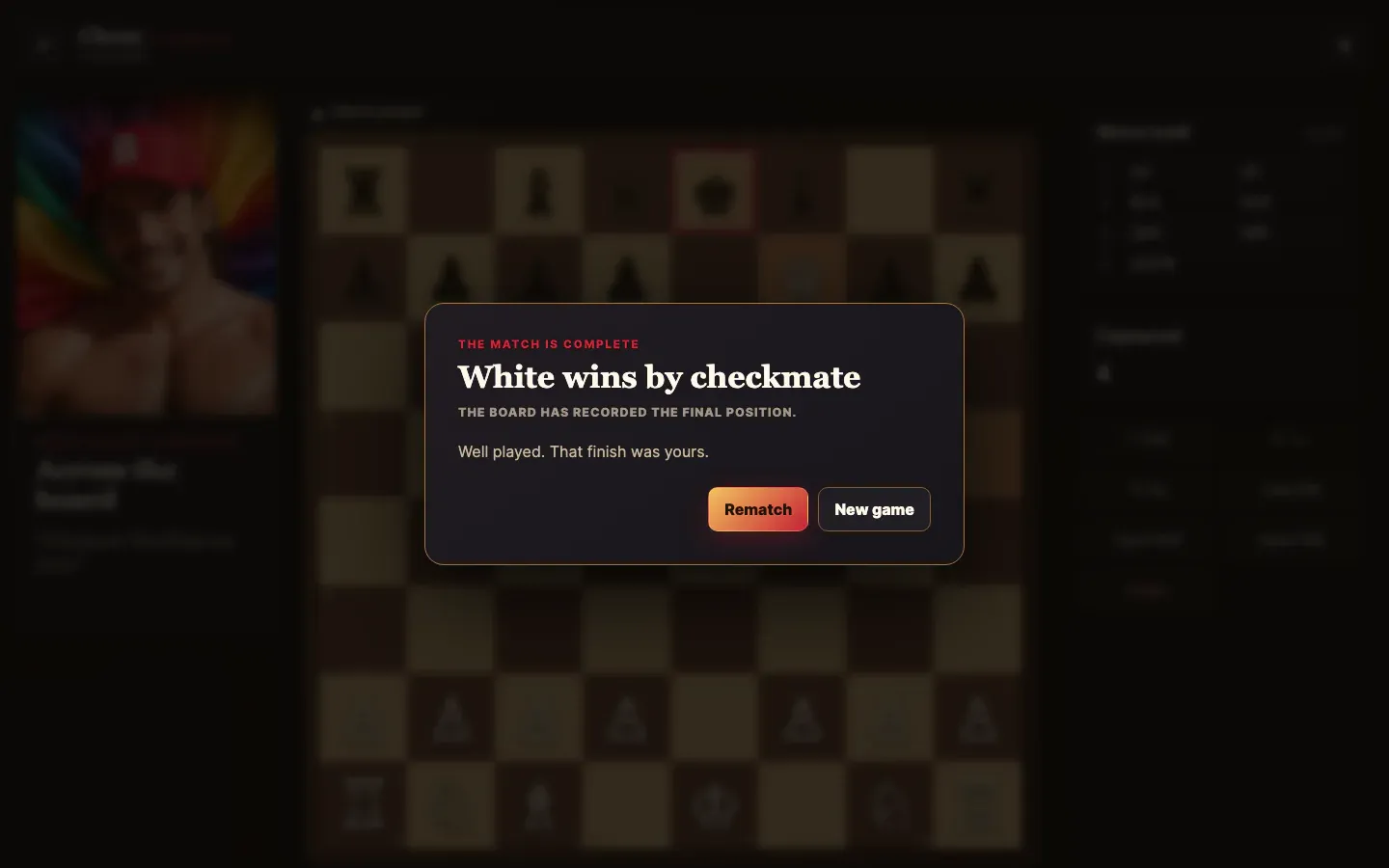 BrawnyAi Chess conclusion dialog announcing that White wins by checkmate, with supportive commentary and rematch and new-game buttons.