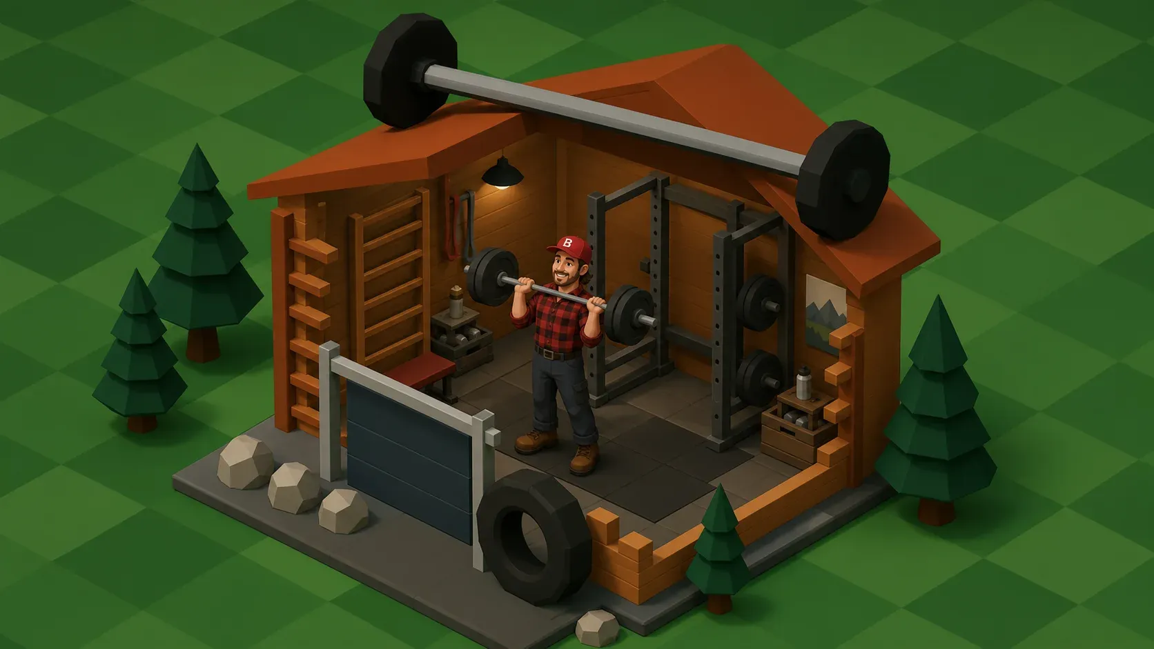 Noncanonical low-poly concept art of The Jock lifting weights inside a cutaway Iron Mill Gym in Lumberlandia.