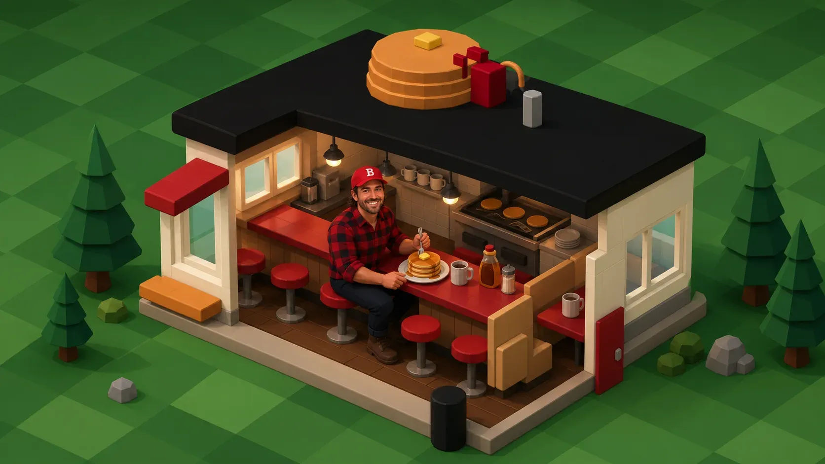Noncanonical low-poly concept art of The Jock enjoying flapjacks inside a cutaway Lumberlandia diner.