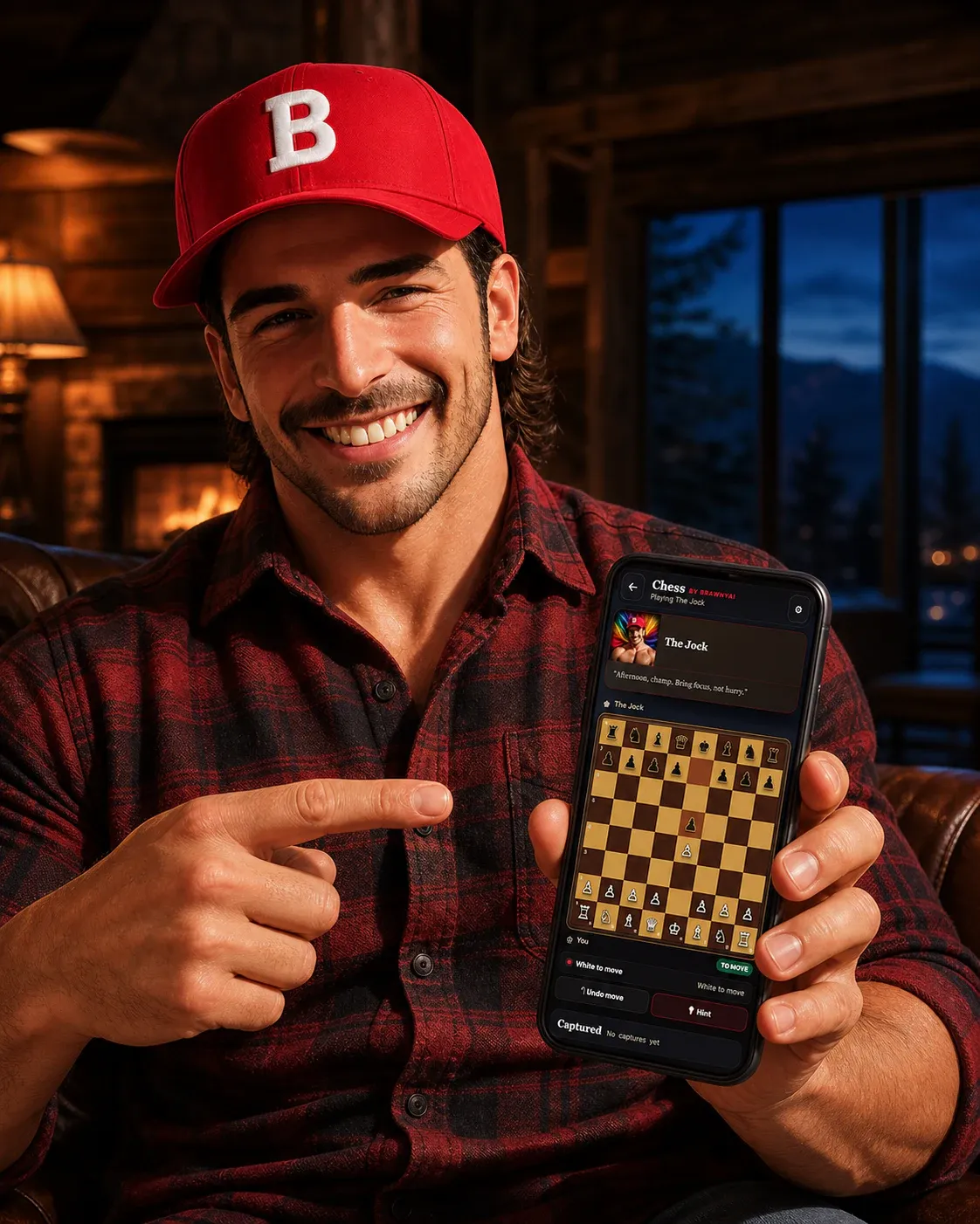 The Jock smiles and points to an iPhone displaying BrawnyAi Chess with his dialogue card, the board, hint, and undo controls.