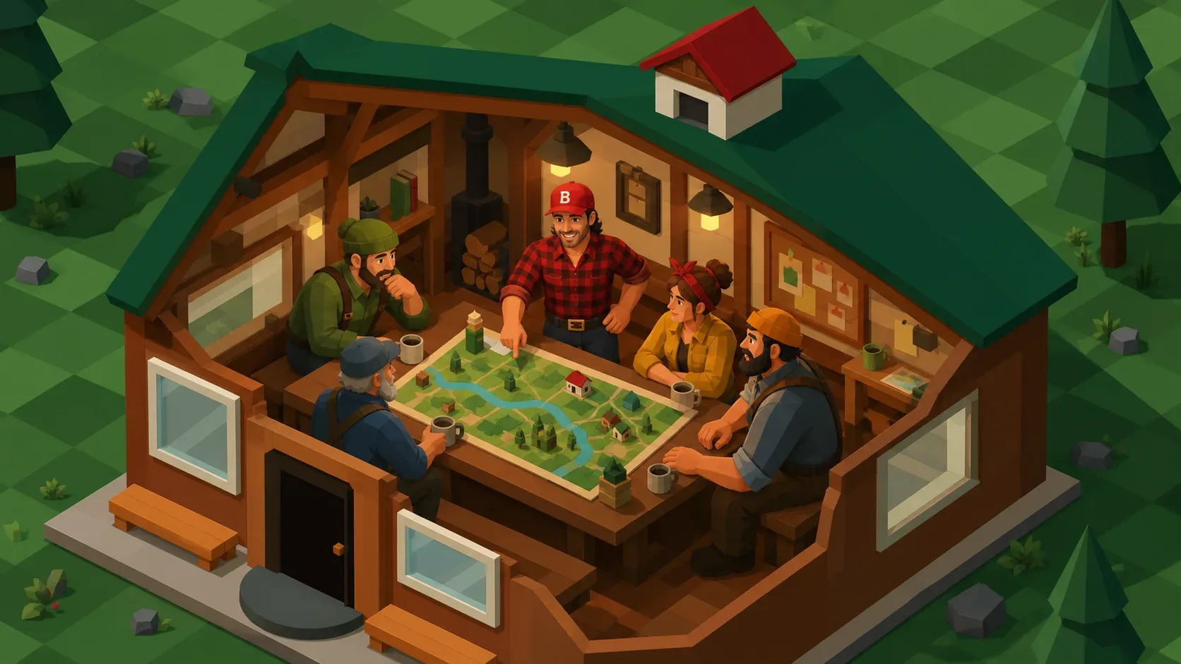 Noncanonical low-poly concept art of The Jock and four lumberjack residents planning a valley around a map in the Community Centre.