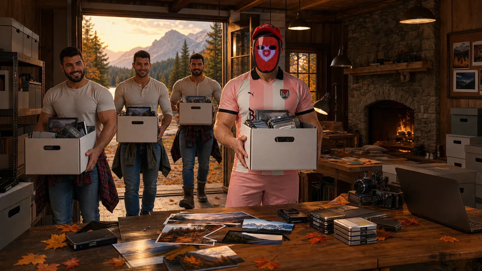 B and the BrawnyAi team carry August MegaDrop boxes into a fall lodge workspace