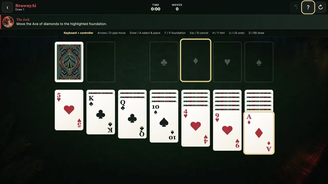BrawnyAi Solitaire showing a gold-highlighted Ace of diamonds and its destination foundation while The Jock explains the hint.