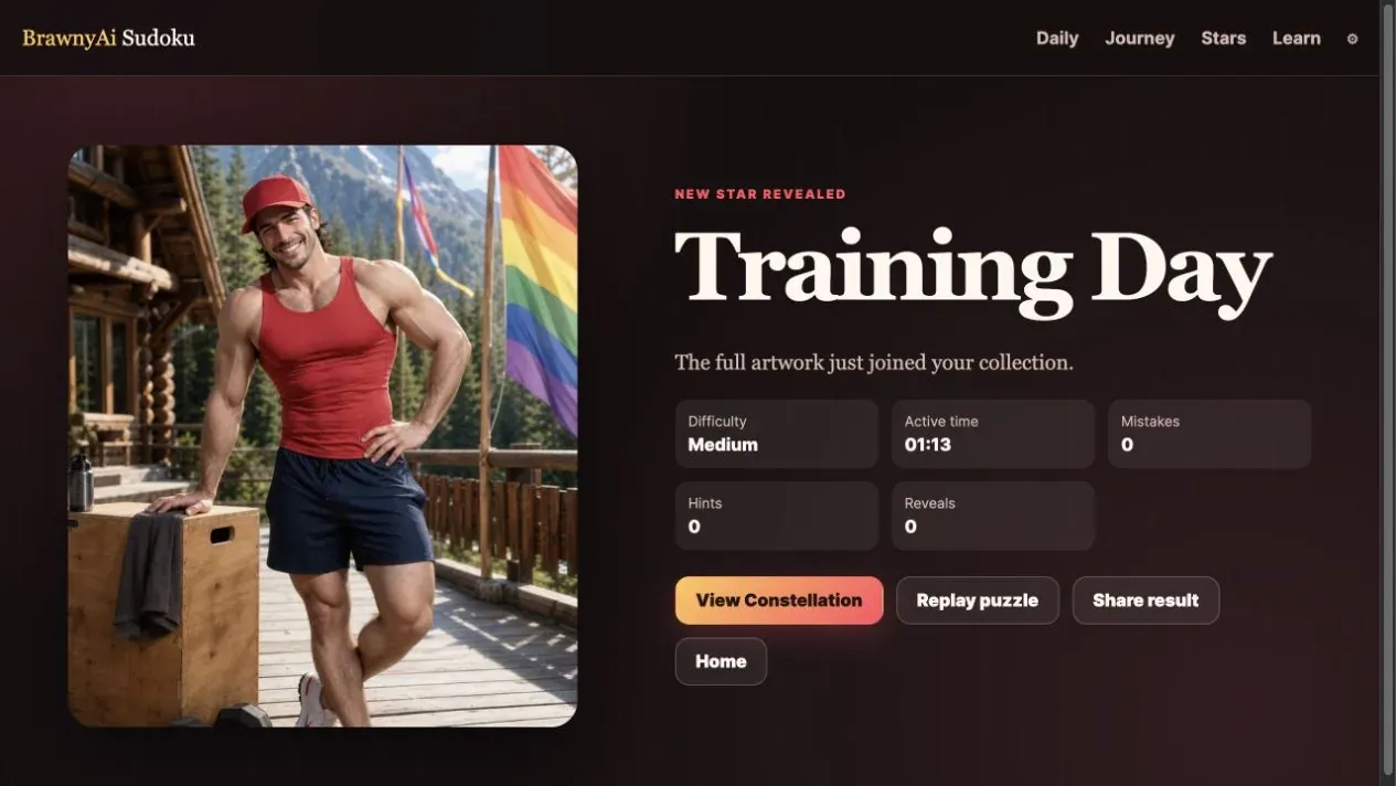 BrawnyAi Sudoku Training Day completion screen with fully revealed Lumberlandia artwork and result statistics.