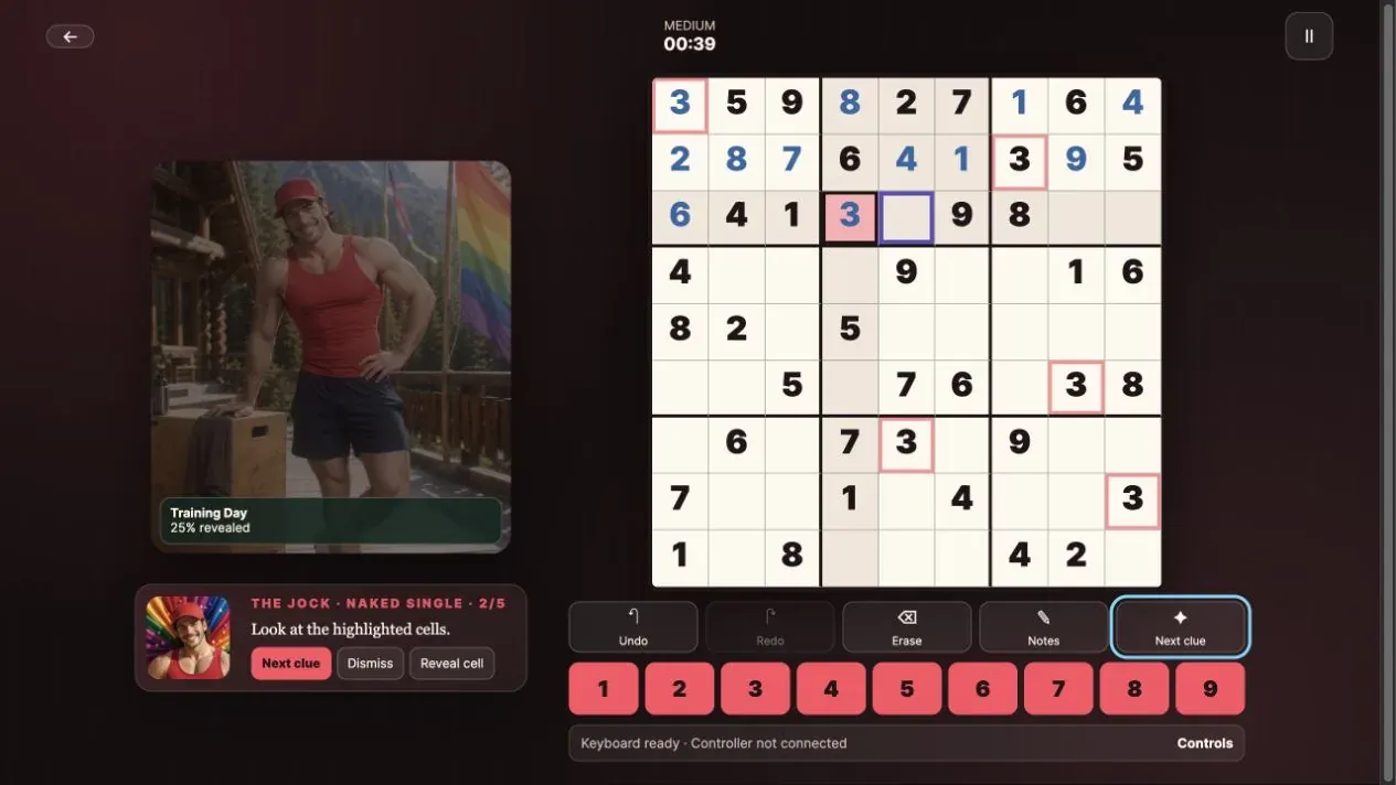 BrawnyAi Sudoku grid with highlighted cells and The Jock presenting clue two of a structured naked-single hint.