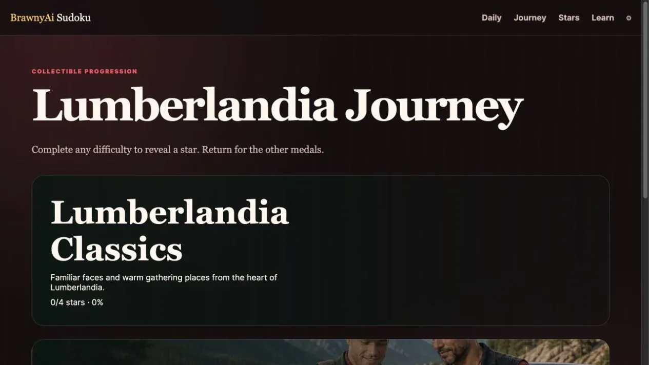 BrawnyAi Sudoku Lumberlandia Journey screen introducing the collectible Lumberlandia Classics puzzle pack.