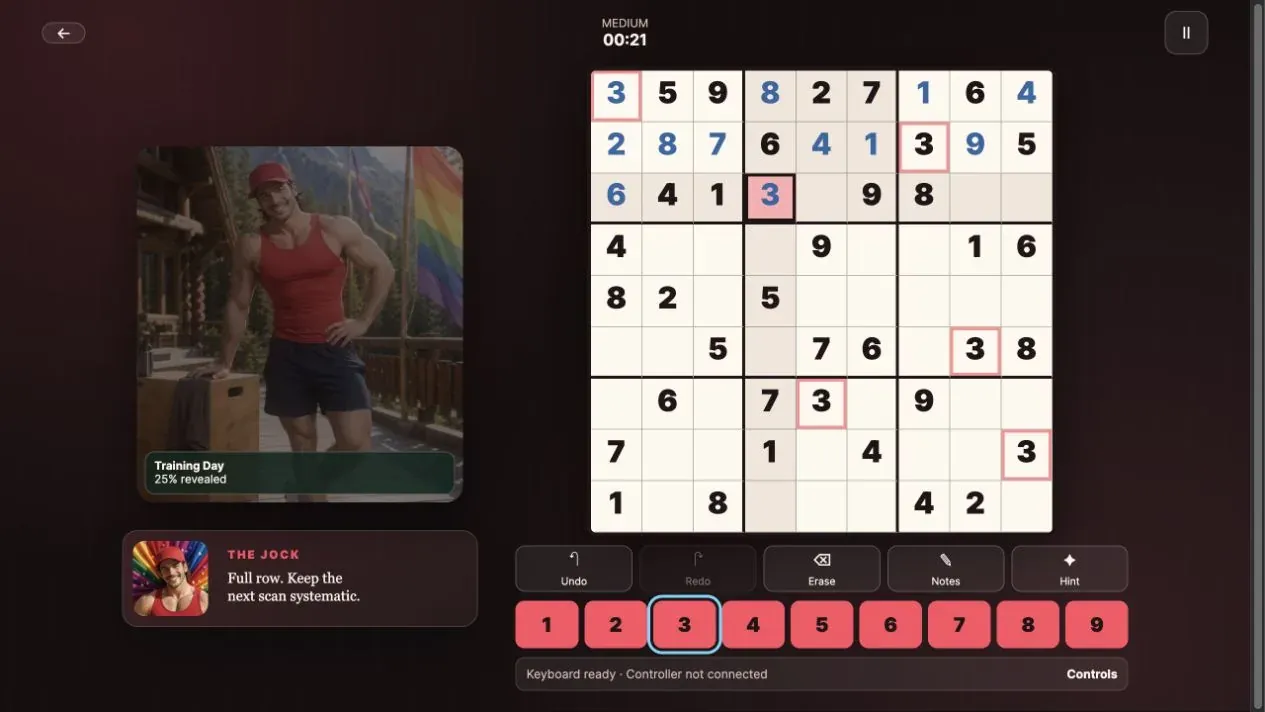 Medium BrawnyAi Sudoku puzzle with the Training Day collectible 25 percent revealed and The Jock offering encouragement.
