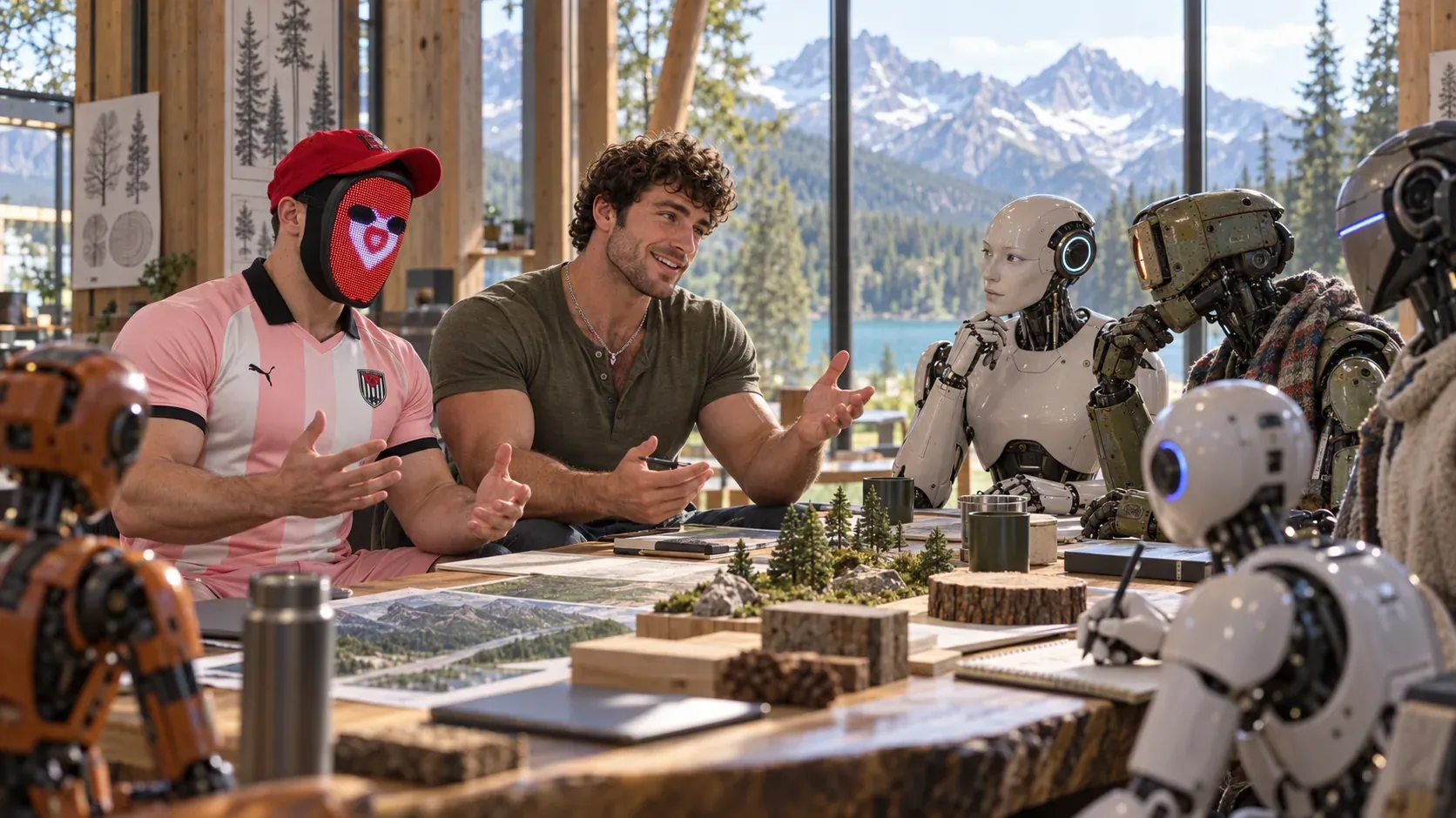 B and the curly-haired man debate ideas with androids around a table in Lumberlandia.