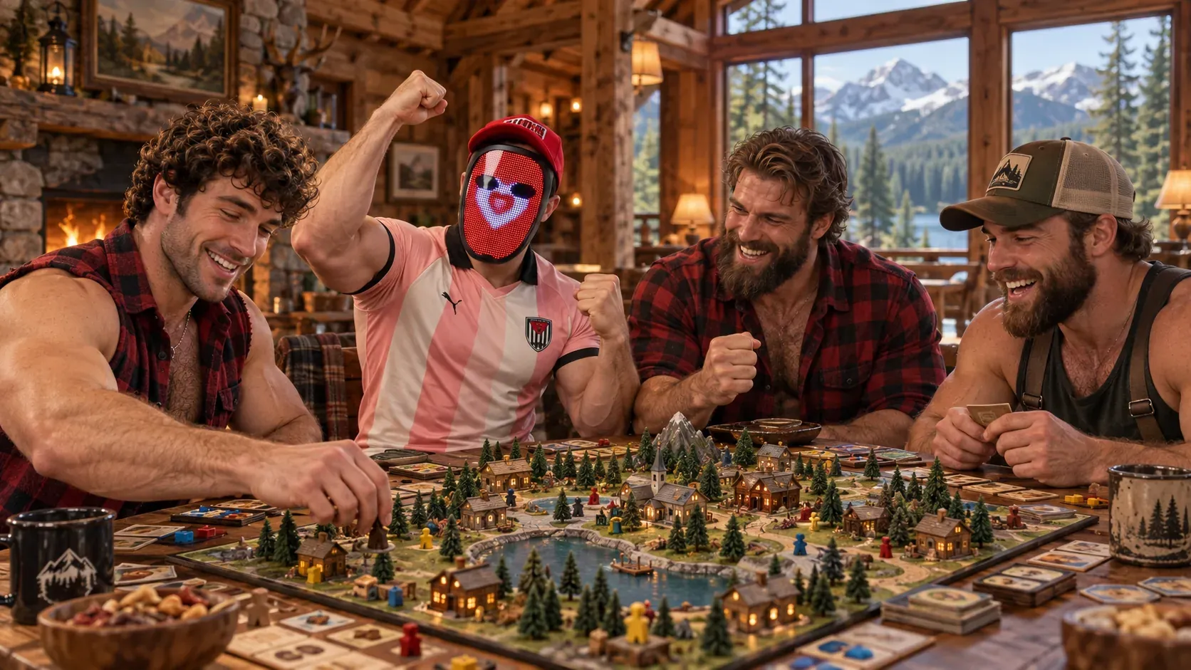 B and three friends play an elaborate Lumberlandia village board game in a timber cabin.