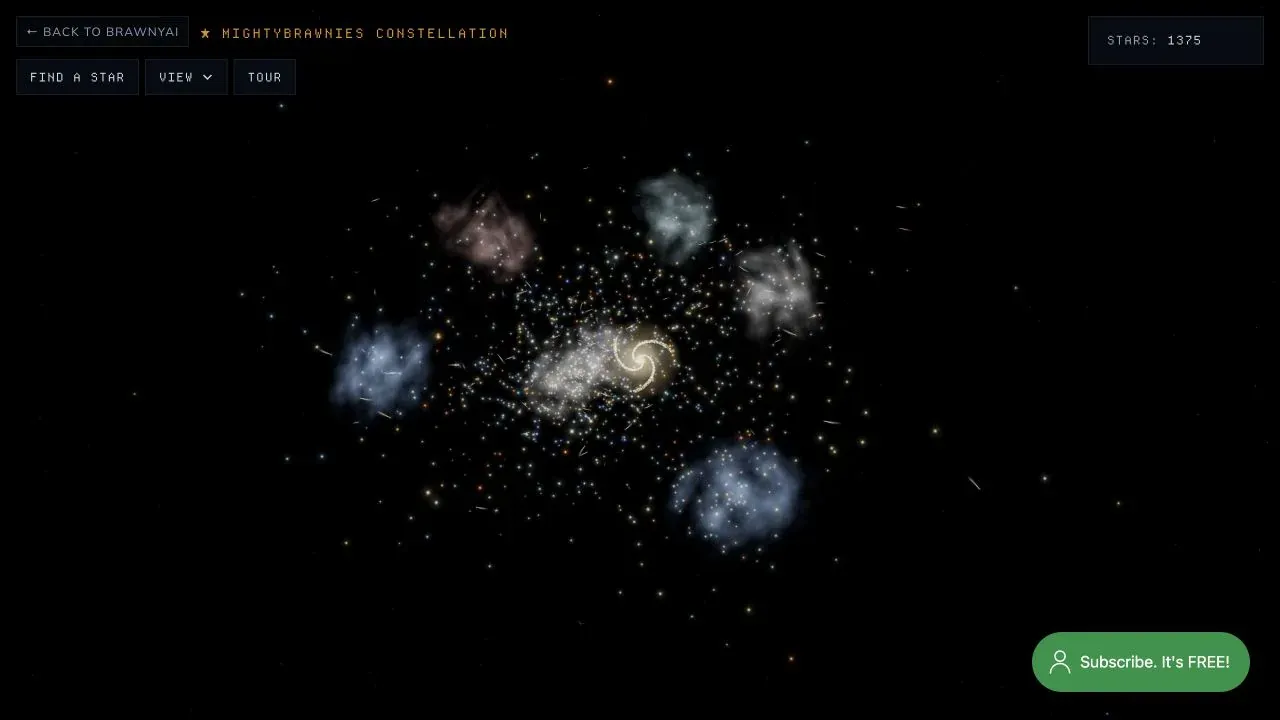 The live MightyBrawnies Constellation with its spiral of supporter stars and Find a Star control