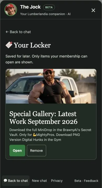 The Jock's Locker in the phone layout, with a saved September gallery and Open and Remove controls