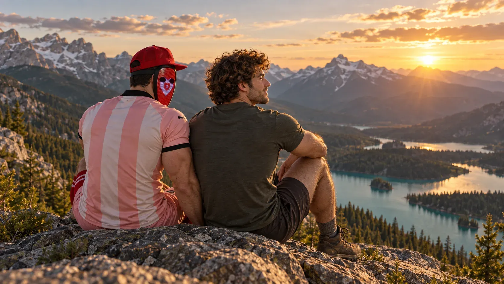 B and the curly-haired man sit on a mountain summit above a lake at sunset.