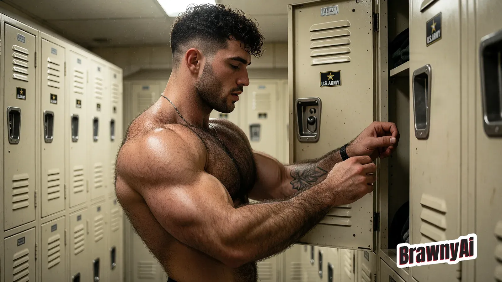 A muscular man checking his phone beside changing-room lockers