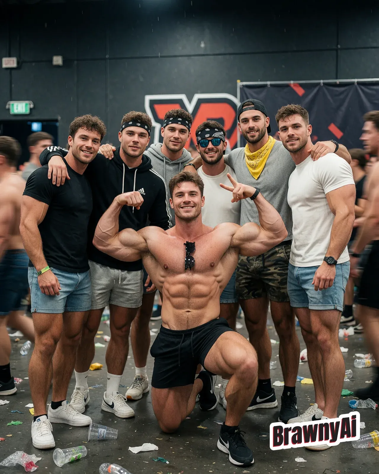 A group of smiling athletic men posing together at a gym