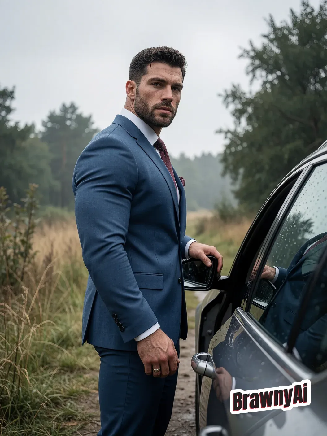 A man in a blue suit standing beside a car