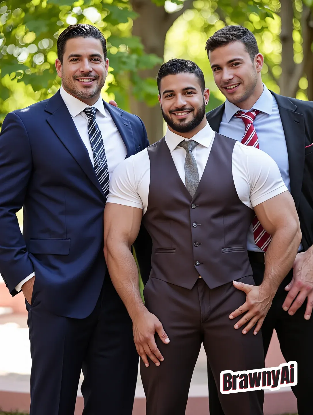 Three smiling men in tailored suits at an outdoor celebration