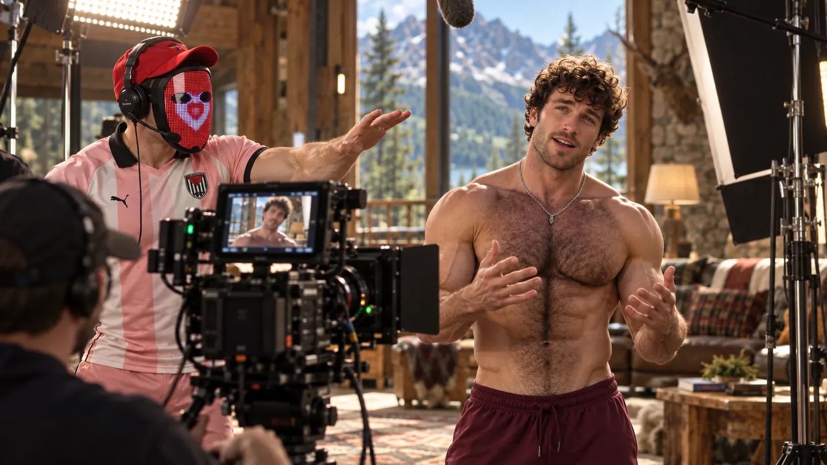 B directs a video shoot while the curly-haired man performs on a timber-lodge set.