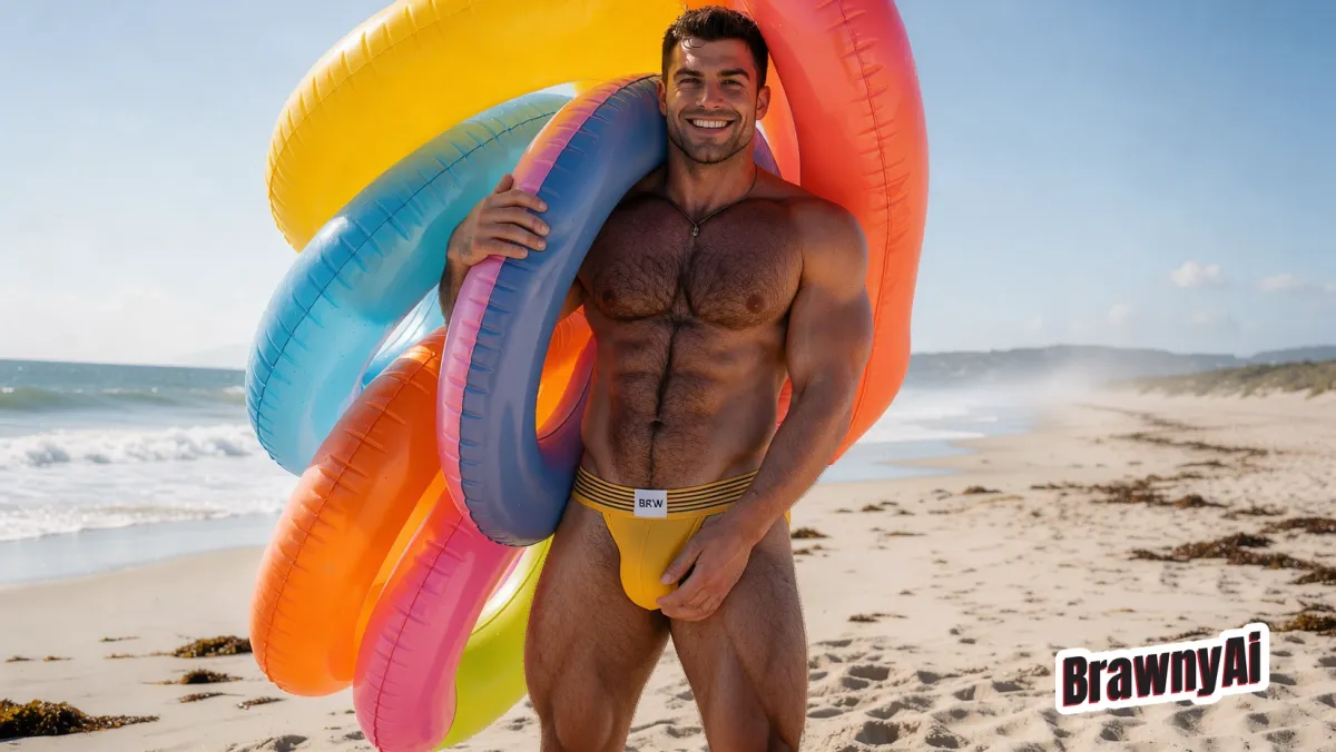 2026-10-25 - Muscular Men in Swimwear and Uniforms Across Beaches, Pools, and Rustic Scenes - 32 artworks, 4 videos