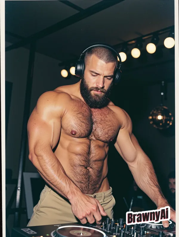 A muscular shirtless male DJ at club decks with warm spotlights, a hanging disco ball, and grainy analog film aesthetics