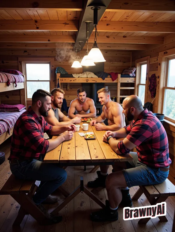Five shirtless and plaid-clad men gathered at a rustic wooden cabin table, bathed in warm golden light with steam rising