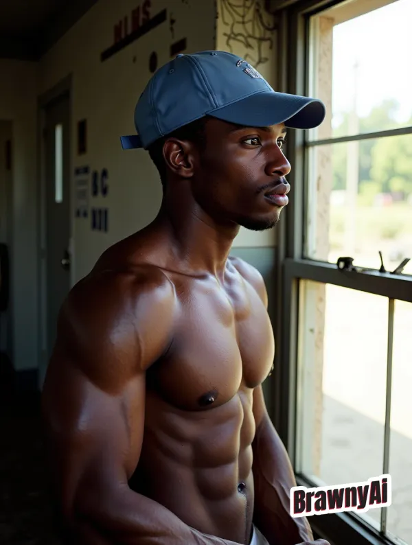 A shirtless man with defined abs and vascularity stands near a window; warm sunlight carves his torso while he wears a b