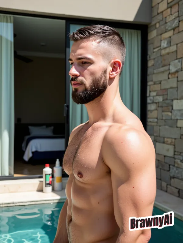 Sun-drenched muscular male beside a pool with sharp highlights, deep shadows, and cinematic realism.