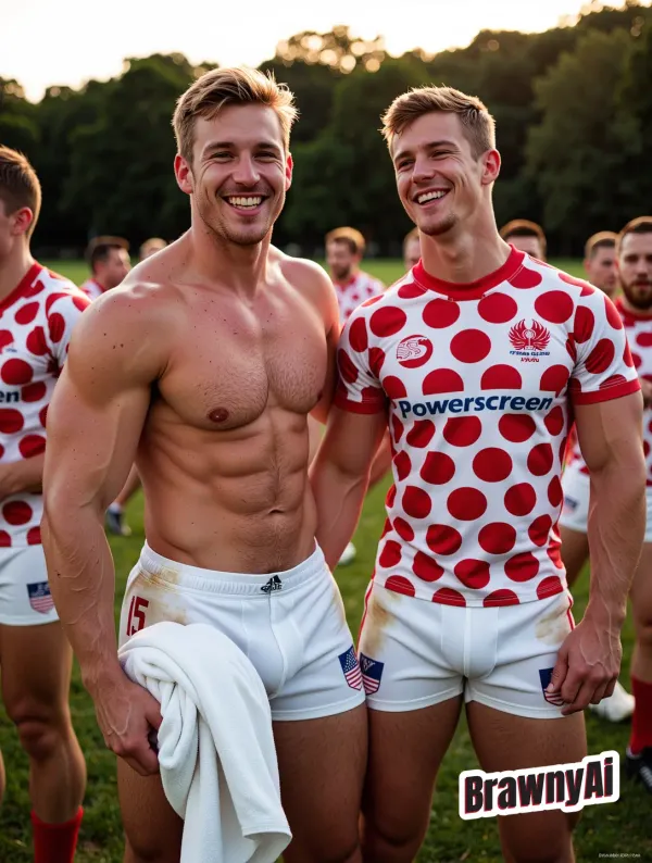 Digital art of muscular men wearing polka dot caps and clothing, blending medical textures with artistic style.