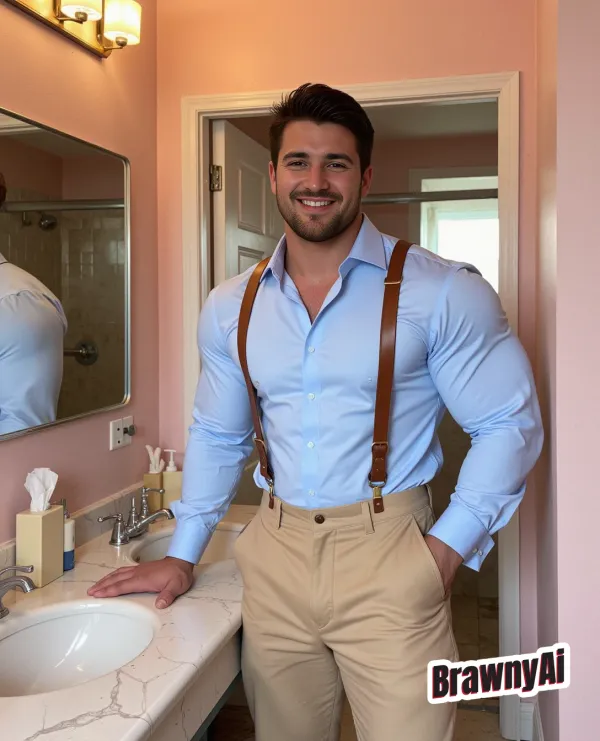 Muscular man in light blue shirt with leather suspenders posing confidently in a soft pink walled bathroom