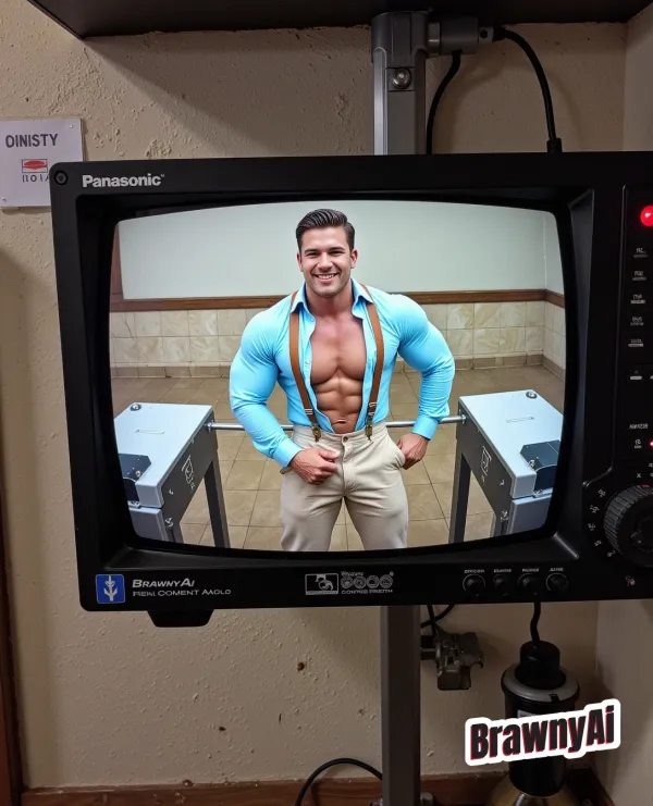 A muscular man in a light blue shirt and suspenders framed inside a vintage Panasonic CRT monitor against brickwork.