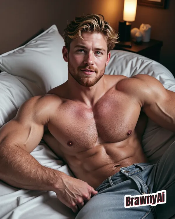 Muscular male figure in green tartan shorts reclining under warm tungsten light with cinematic shadows highlighting defi