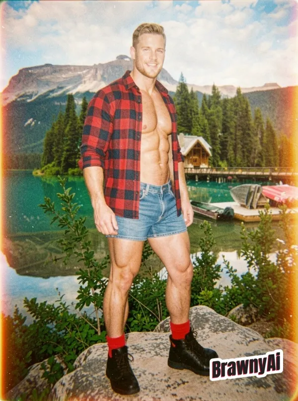 A muscular man in an unbuttoned plaid shirt and denim shorts sits calmly on a canoe at a turquoise mountain lake with so