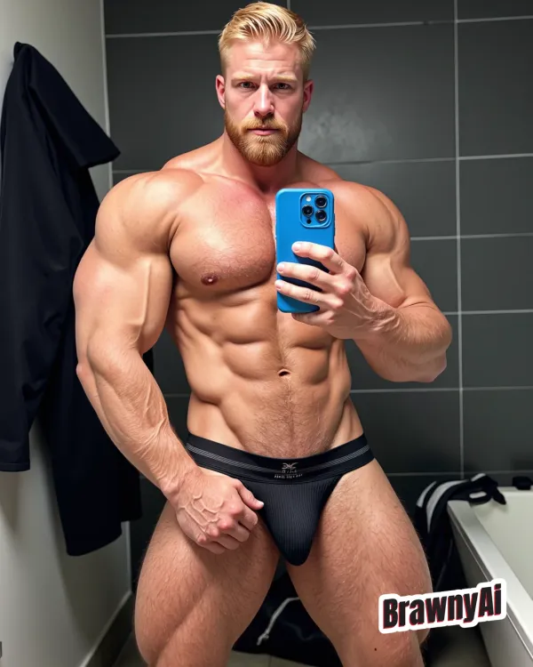 Hyper-realistic muscular man taking a mirror selfie in a cool-lit tiled bathroom with cinematic chiaroscuro lighting and