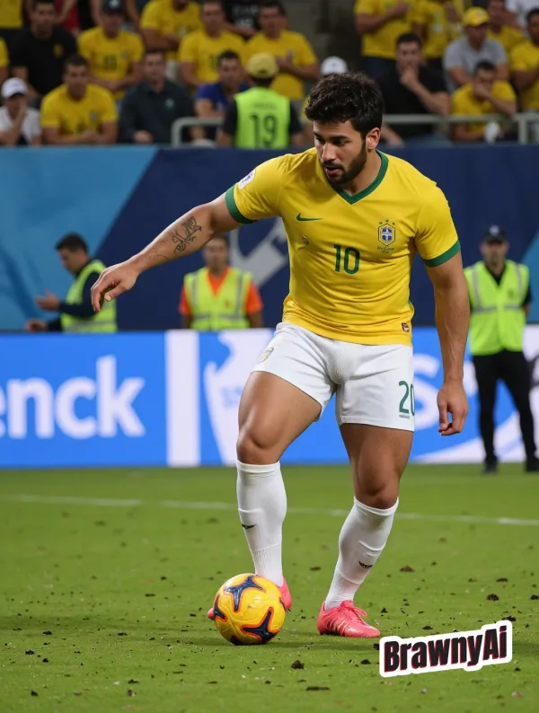 A digitally rendered muscular athlete in a yellow football jersey under stadium floodlights with sharp highlights and de