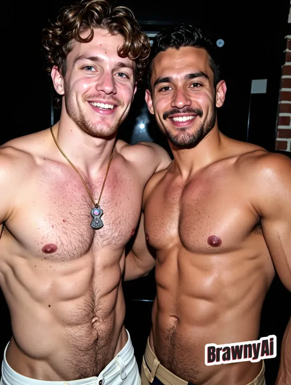 Two muscular men embracing under dappled sunlight with a turquoise lake and snow-capped mountains in the background, ren