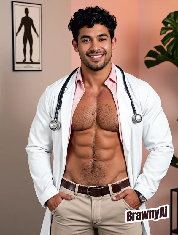A muscular man in an open white lab coat and navy shirt standing confidently with hands in pockets against a warm beige 