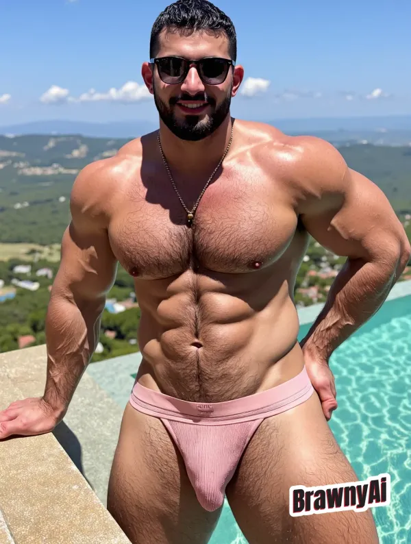 Muscular man at sunlit infinity pool wearing pink ribbed jockstrap with sunglasses