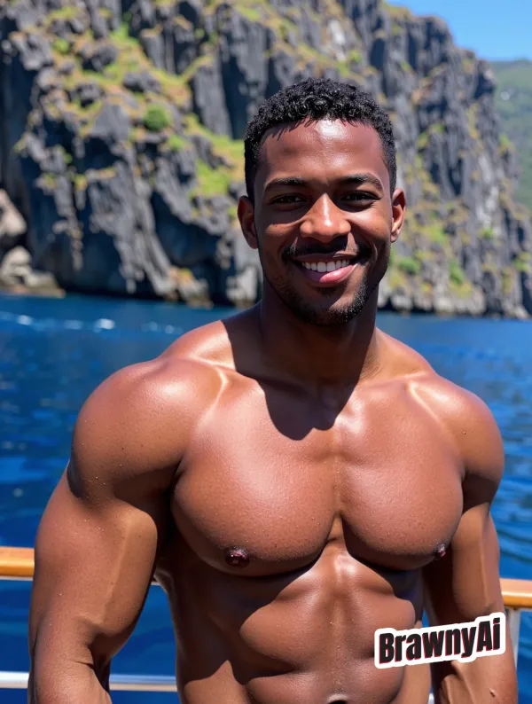 A sun-drenched portrait of a muscular man with defined abs and broad shoulders standing on a boat against towering limes