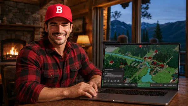 The Jock in his red B cap and plaid shirt playing Lumberlandia: Founder’s Valley on a laptop in a warm Rocky Mountain lodge.