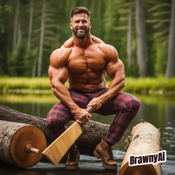 A muscular lumberjack in a golden-hour forest holding an axe with cinematic lighting highlighting sculpted anatomy and r