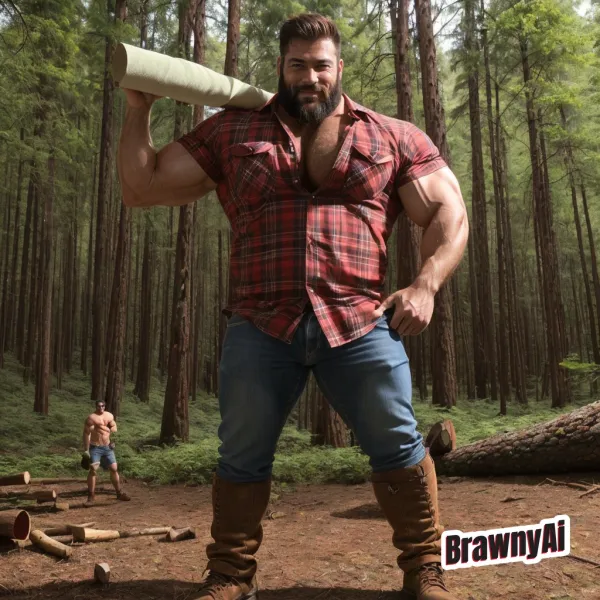 Triptych of muscular men in red plaid shirts standing shoulder-to-shoulder in a pine forest under soft daylight.
