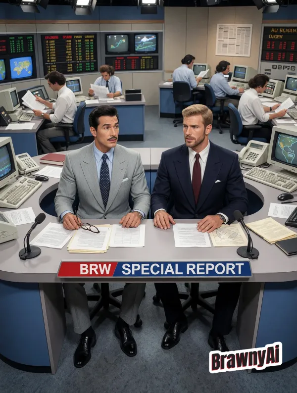 Two muscular men in pinstripe suits sit at a curved glass desk surrounded by glowing CRT monitors displaying data maps u