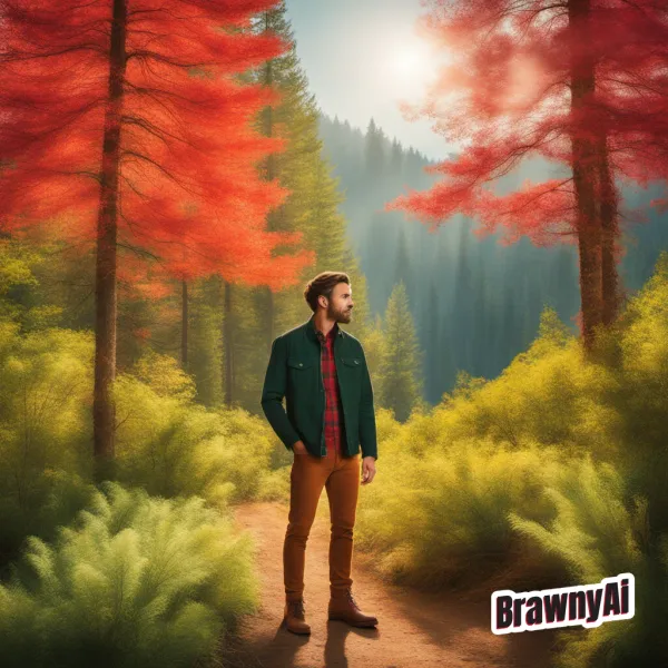A hyper-masculine figure in a red cap stands under crimson forest light beside glowing circuitry trees.