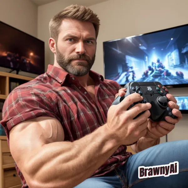 Muscular man in red plaid shirt gripping a game controller under cinematic lighting with glowing screens behind him